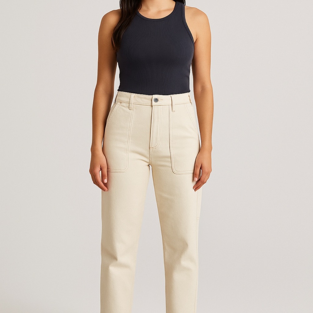 Abercrombie & Fitch Curve Love Ultra High Rise Carpenter Jeans Cream 27 Large